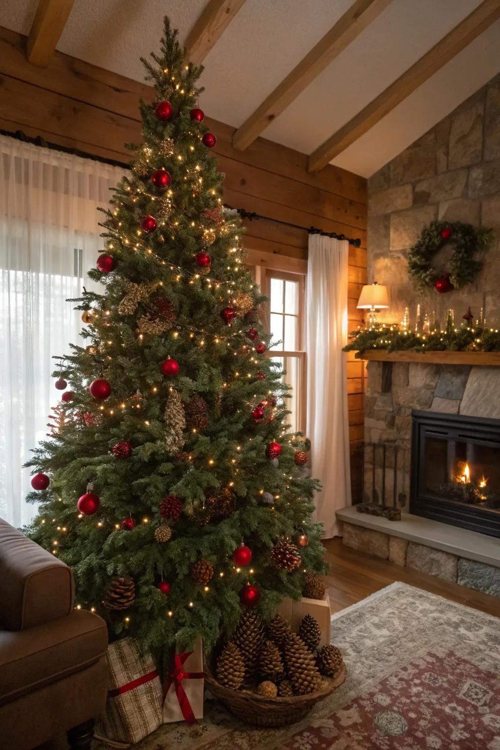 Invite the beauty of the outdoors in with pine cones and berries for a natural Christmas tree presentation.