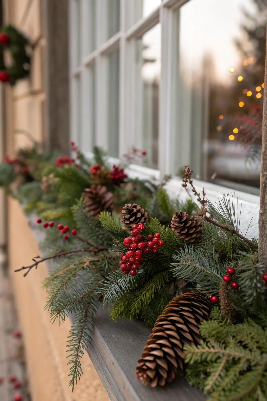 Welcome the essence of the outdoors with a natural pine branch window display.