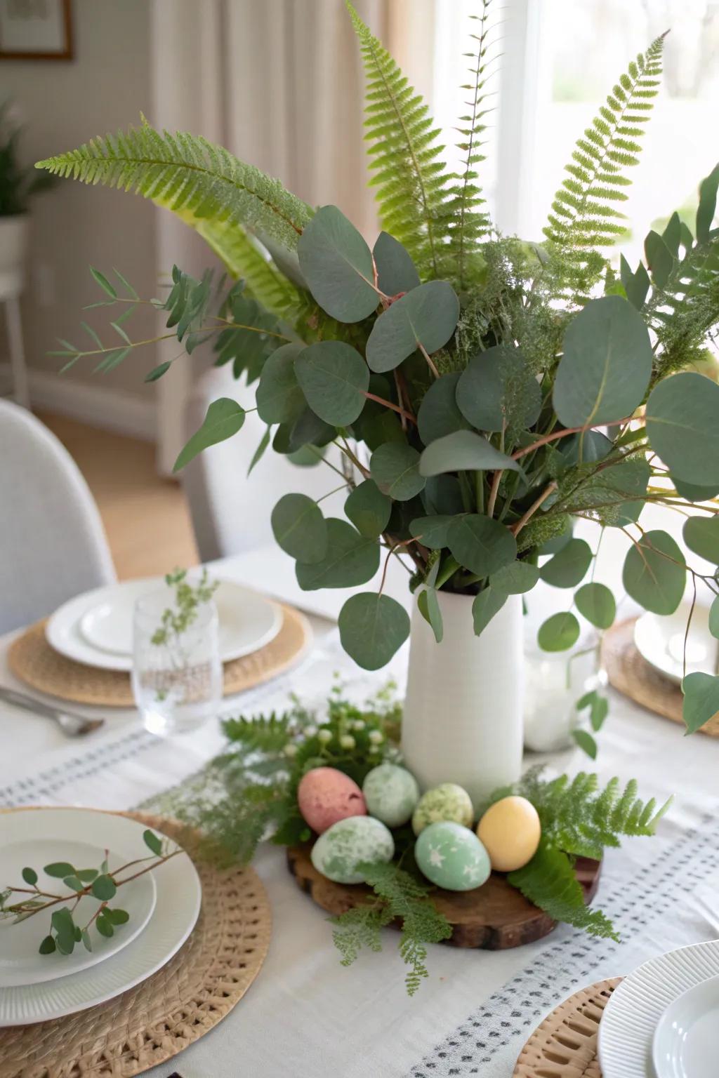 Eucalyptus and fern leaves create a natural centerpiece.