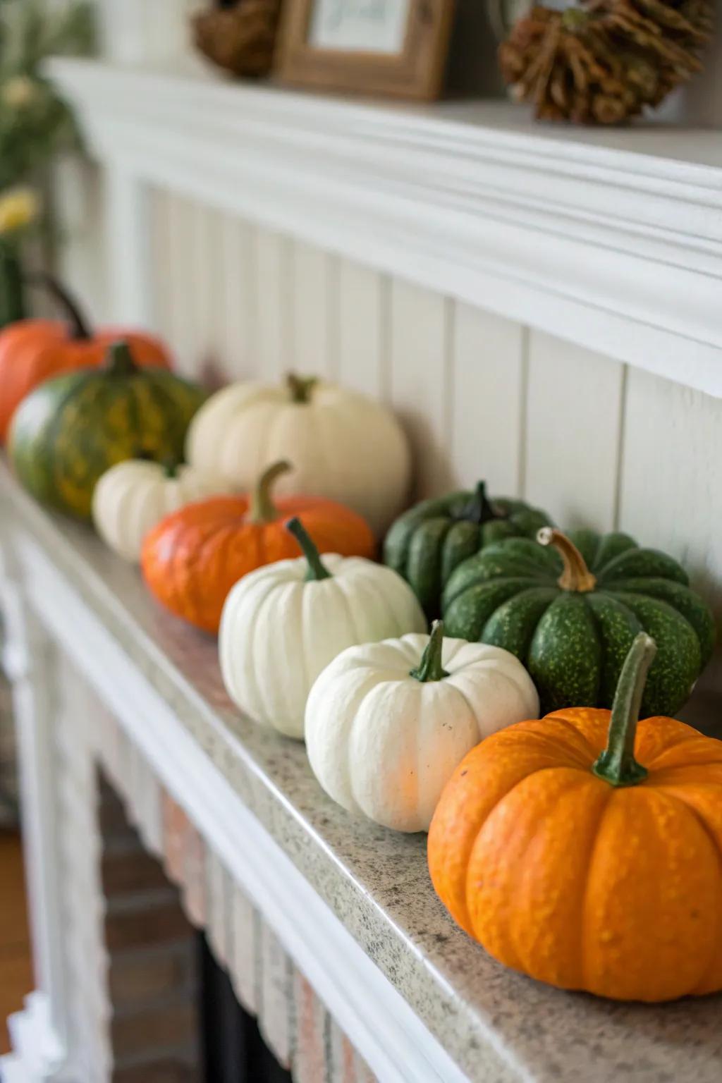 An eye-catching array of small gourds enhancing the mantel.