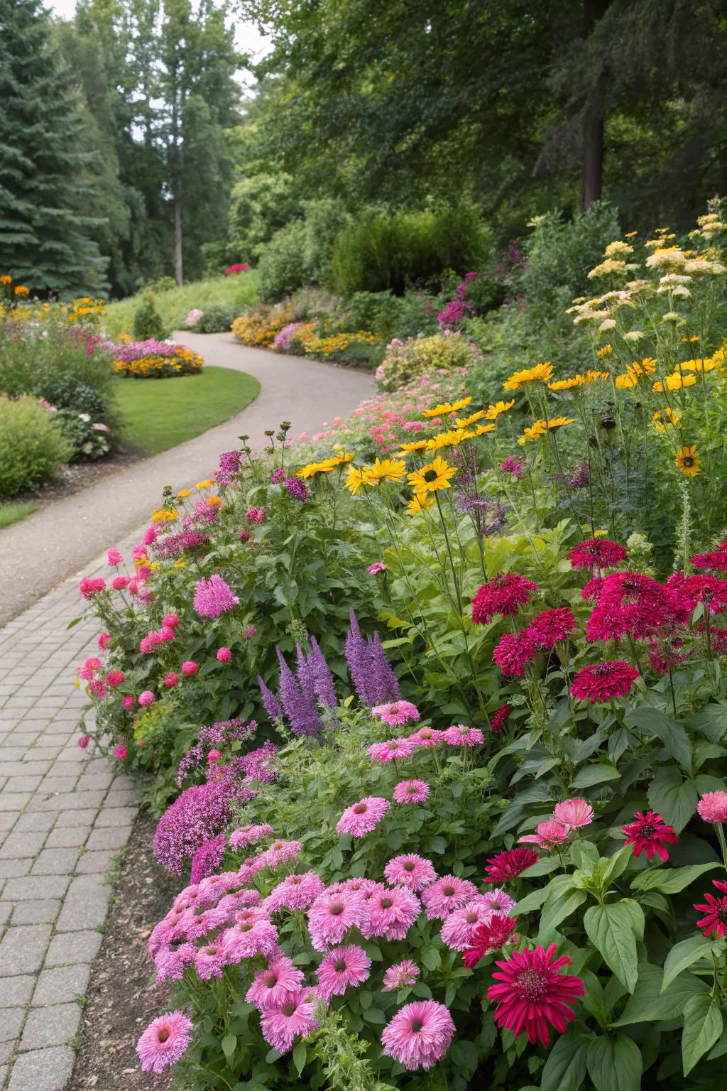 A lively flower bed showcasing a mix of perennials and annuals.
