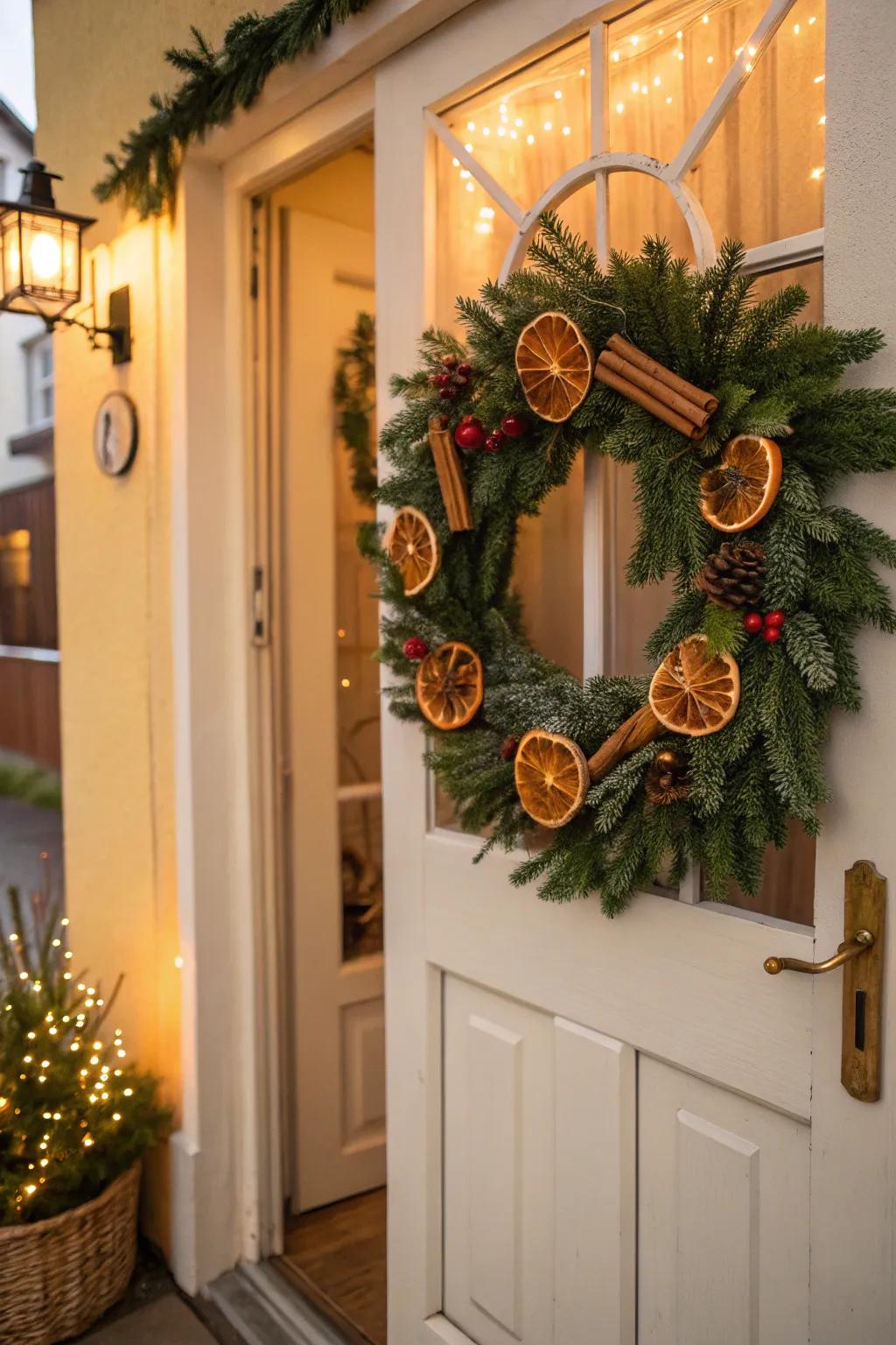 A special wreath featuring spice and citrus elements brings a warm, inviting atmosphere.