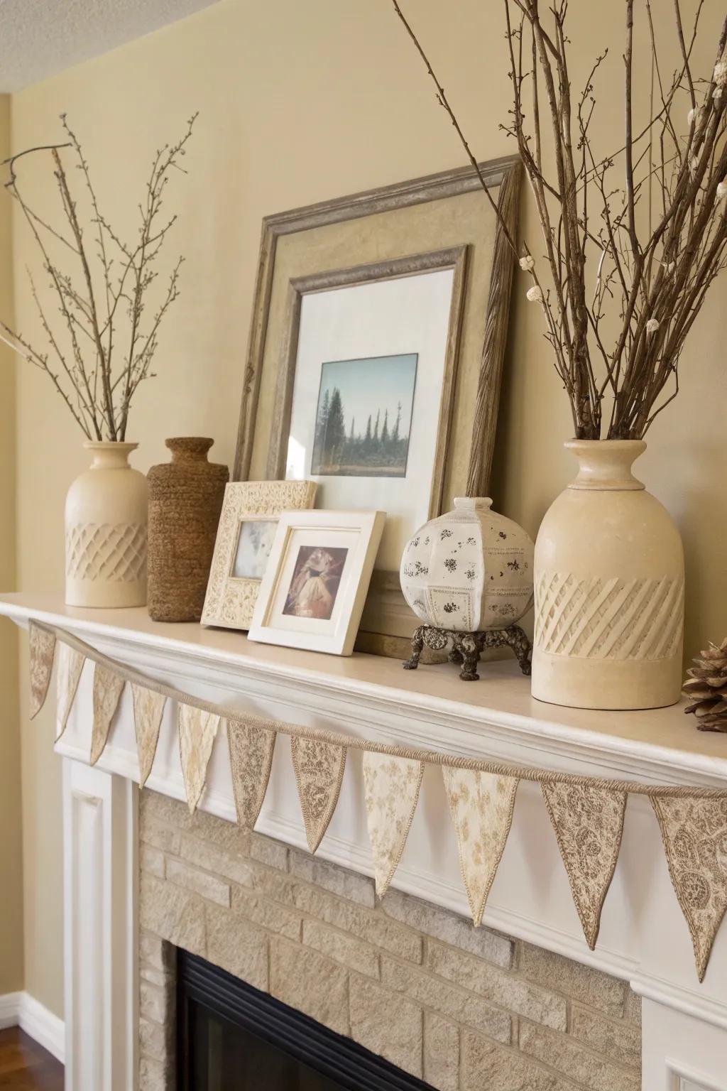 A neutral-themed mantel that blends seamlessly with its surroundings.