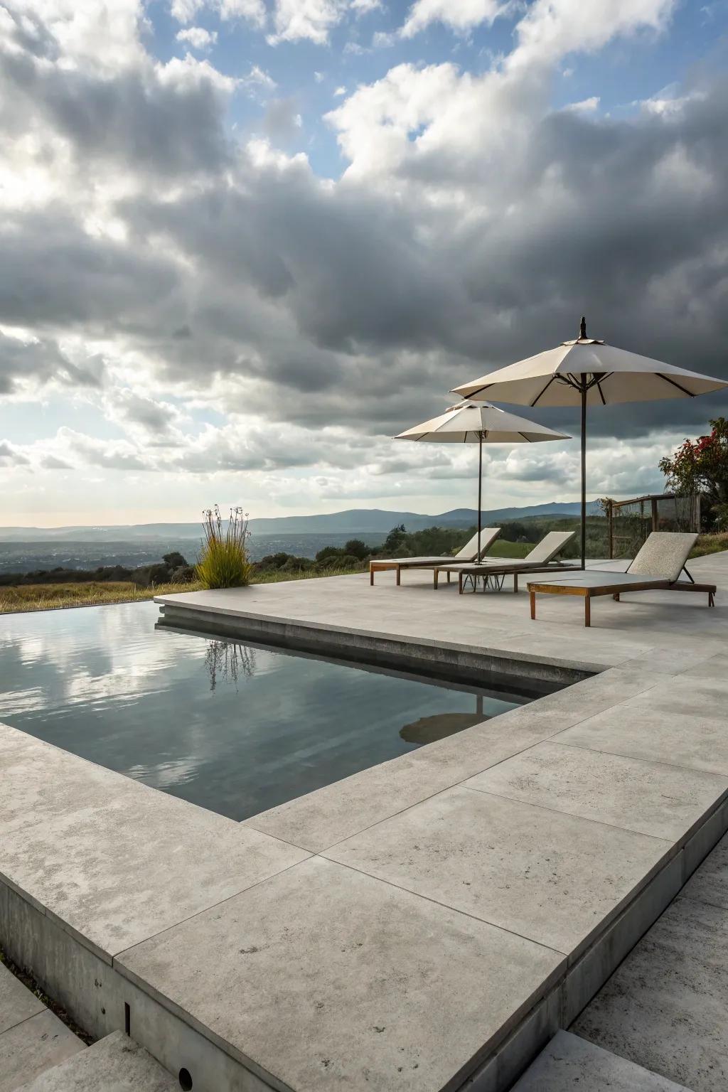 A minimalist pool deck creates an atmosphere of sleek sophistication and stylish calm.