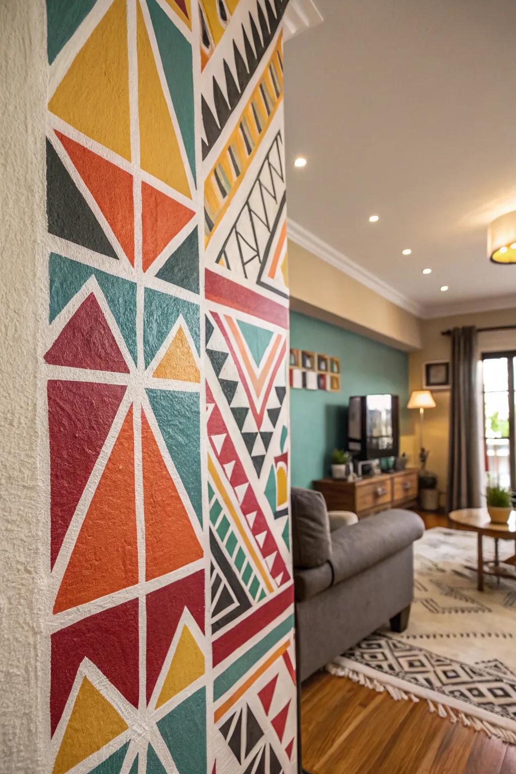 Geometric patterns bring a modern vibe to your living room walls.