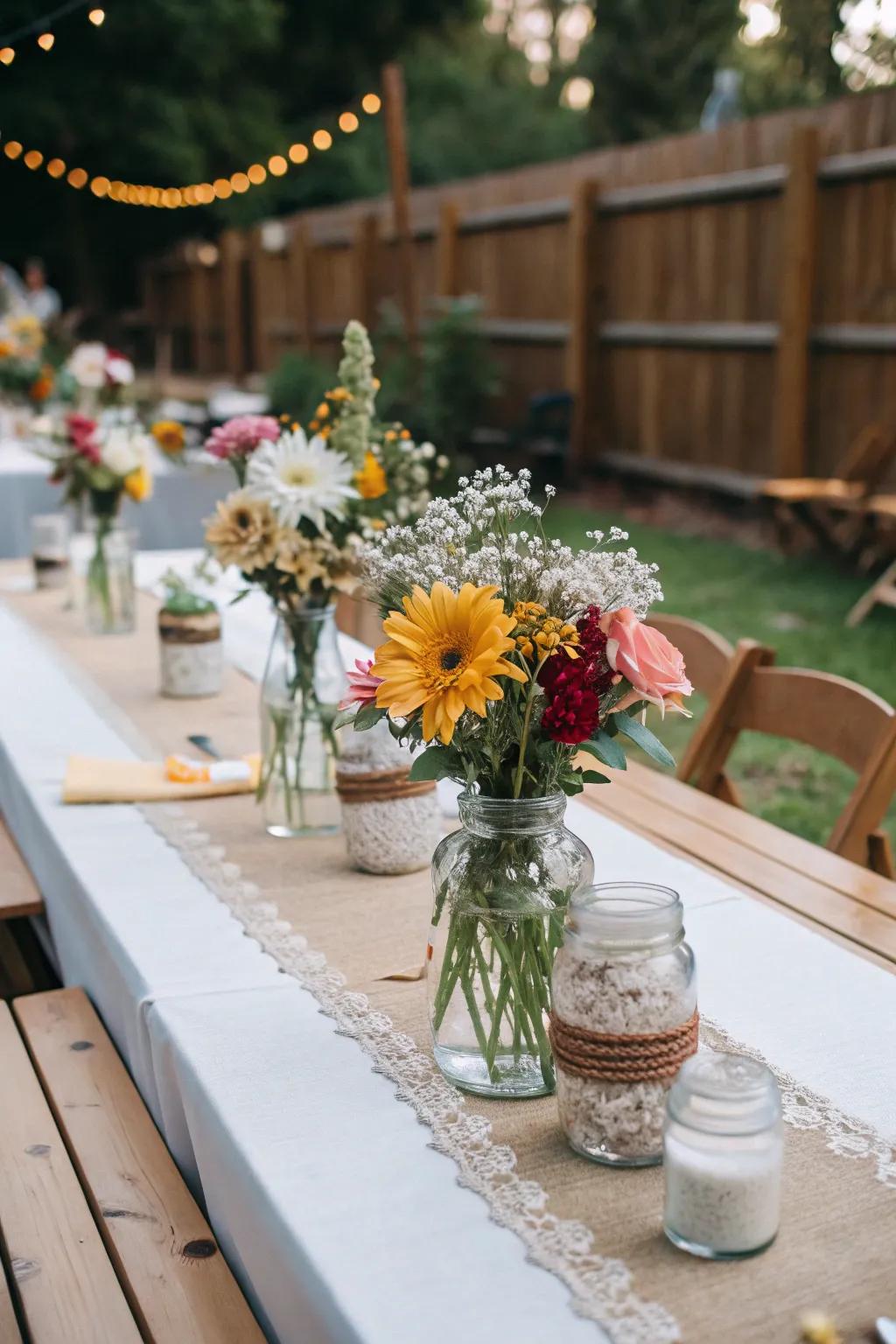 Vintage bottles filled with seasonal blooms create enchanting wedding centerpieces.