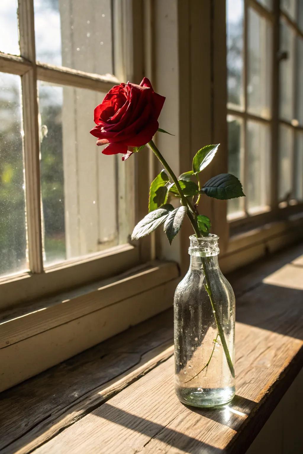 A solitary rose displayed in a glass bottle radiates vintage charm.