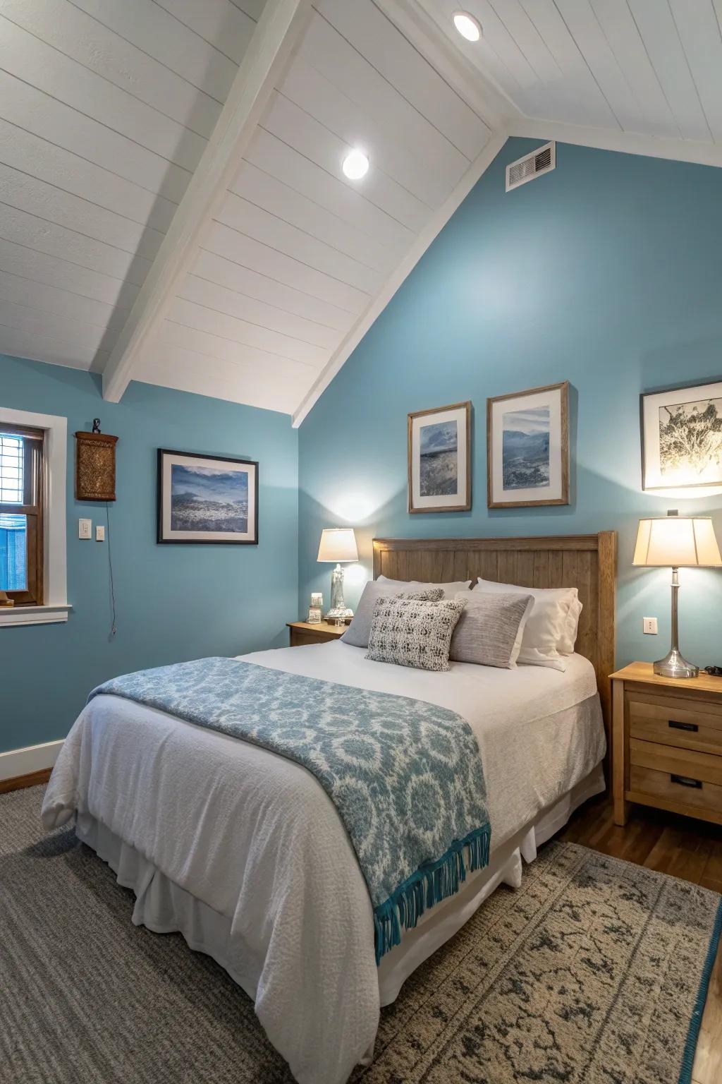 A unified color scheme makes this slanted ceiling bedroom feel expansive and serene.