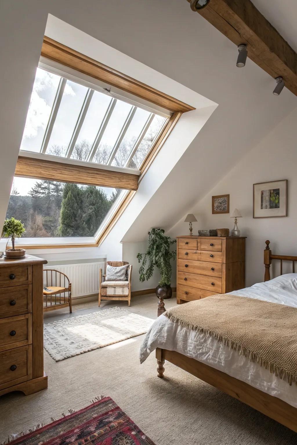 An attic bedroom is filled with natural light from a large overhead window.