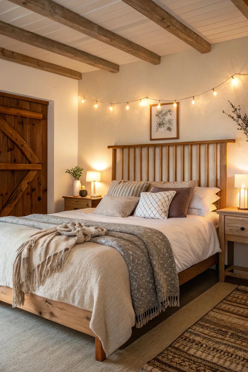 A serene bedroom highlighting a wooden strip headboard, radiating both warmth and texture.