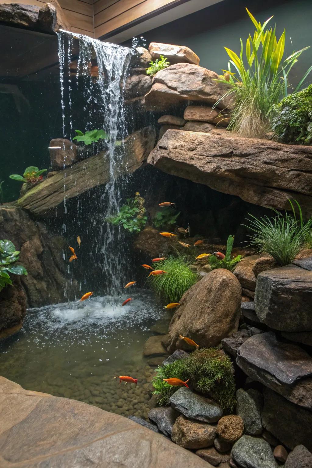 A serene graystone cascade within a personal aquarium.