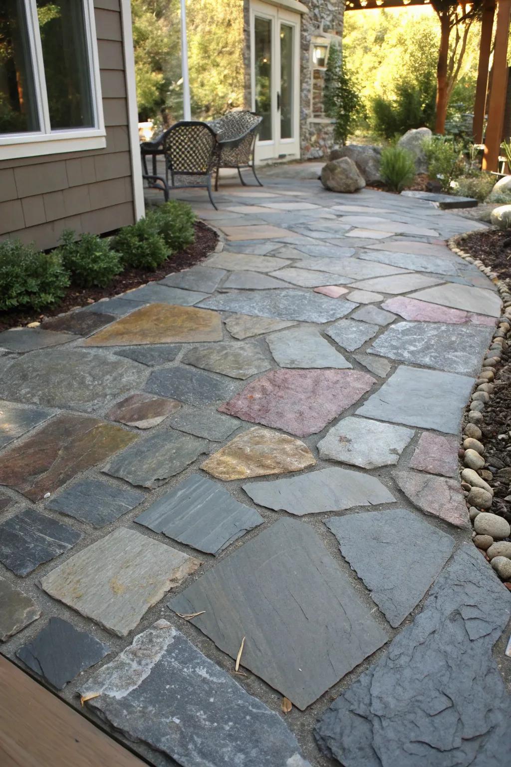 A slate patio exhibiting a creatively irregular stone arrangement.
