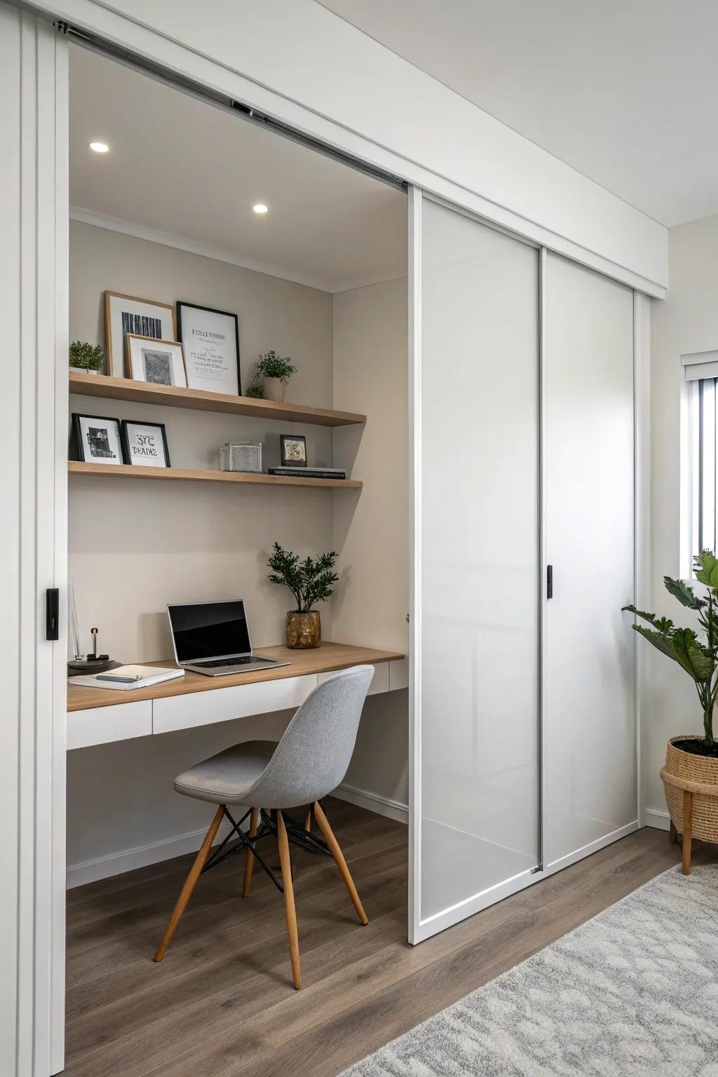 A minimalist sliding door enhances the uncluttered vibe of this home office.