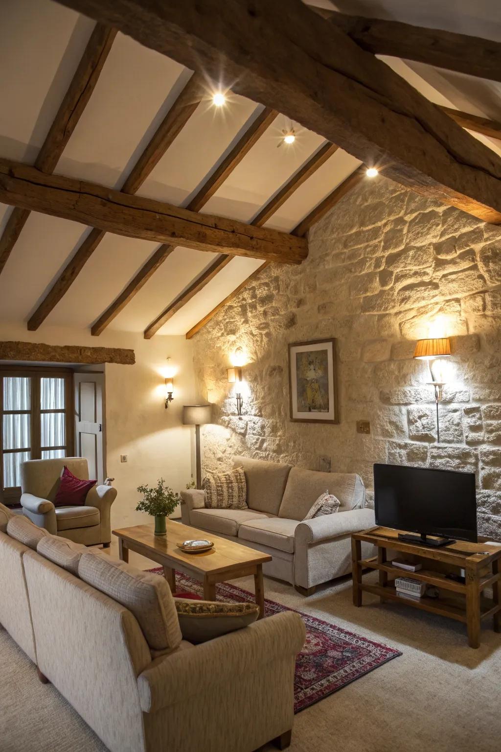 Create a warm atmosphere by using spotlights to emphasize exposed beams.