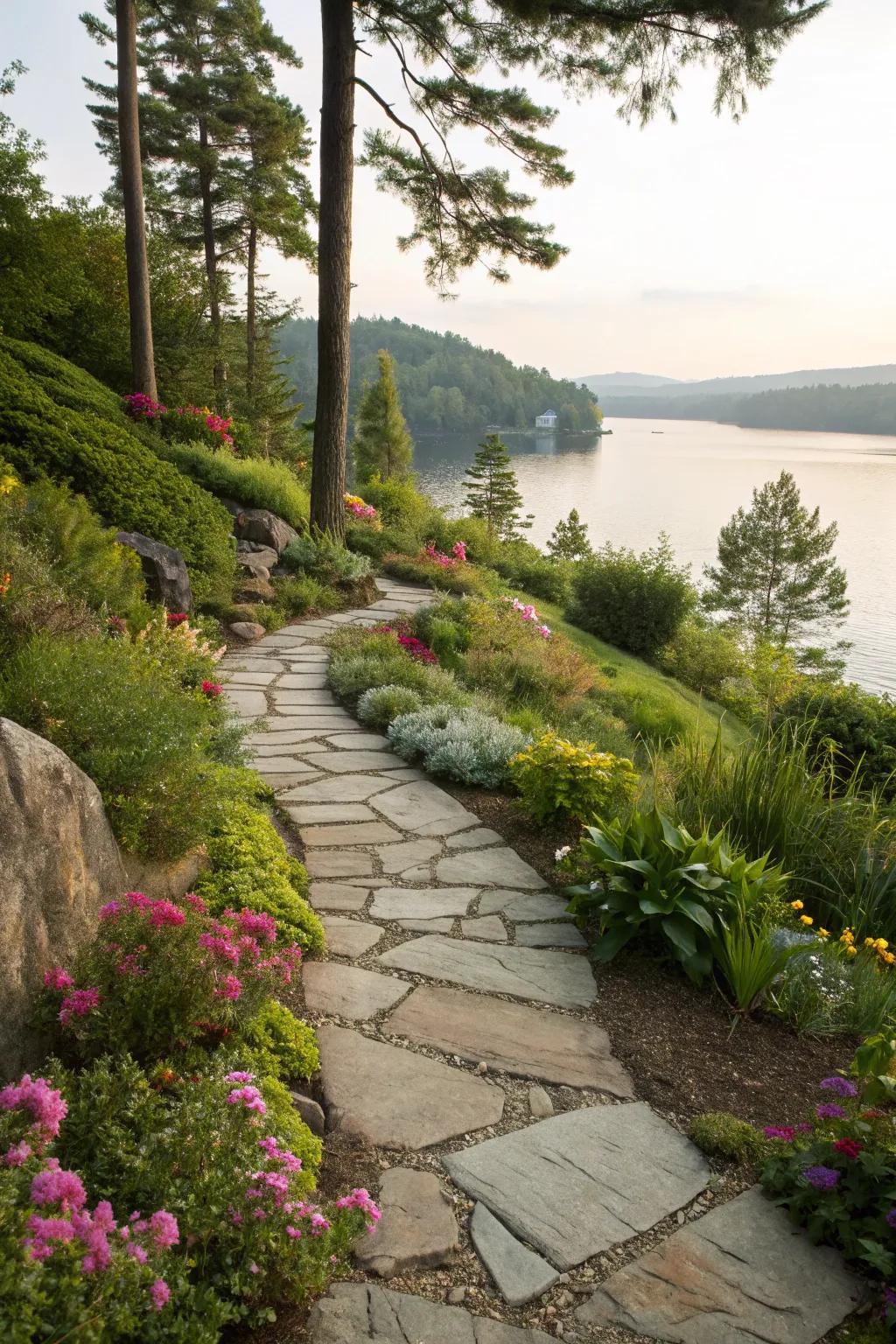 An appealing rock path wanders through a peaceful lakeside garden.