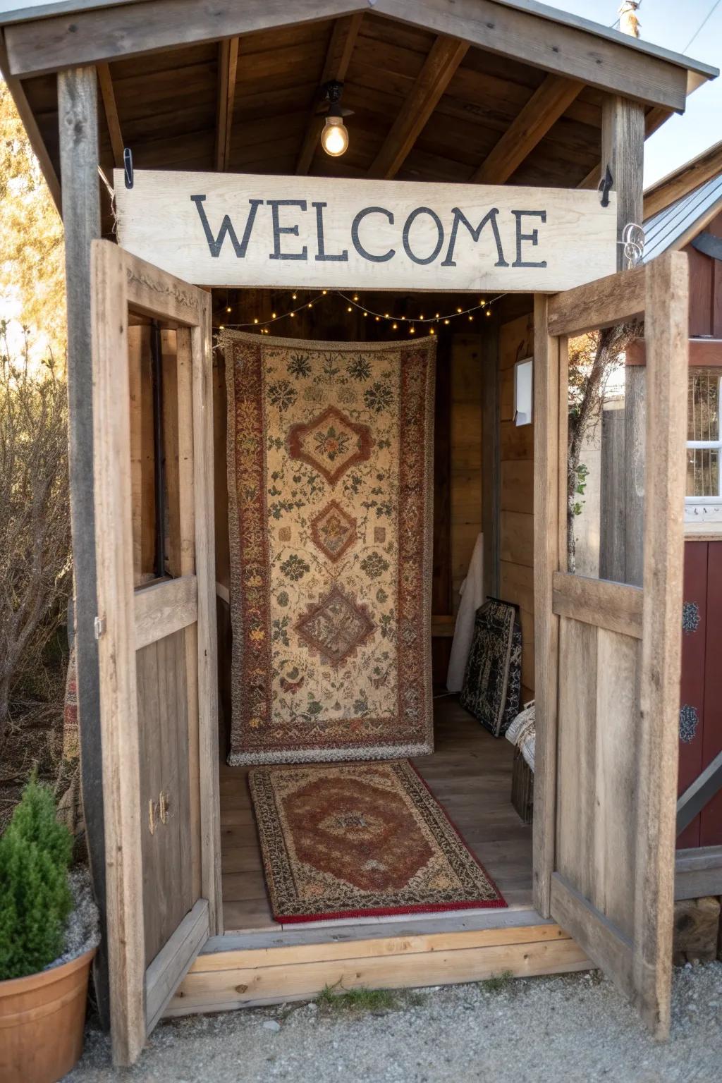 A welcoming gateway featuring a classic floor covering and a custom sign