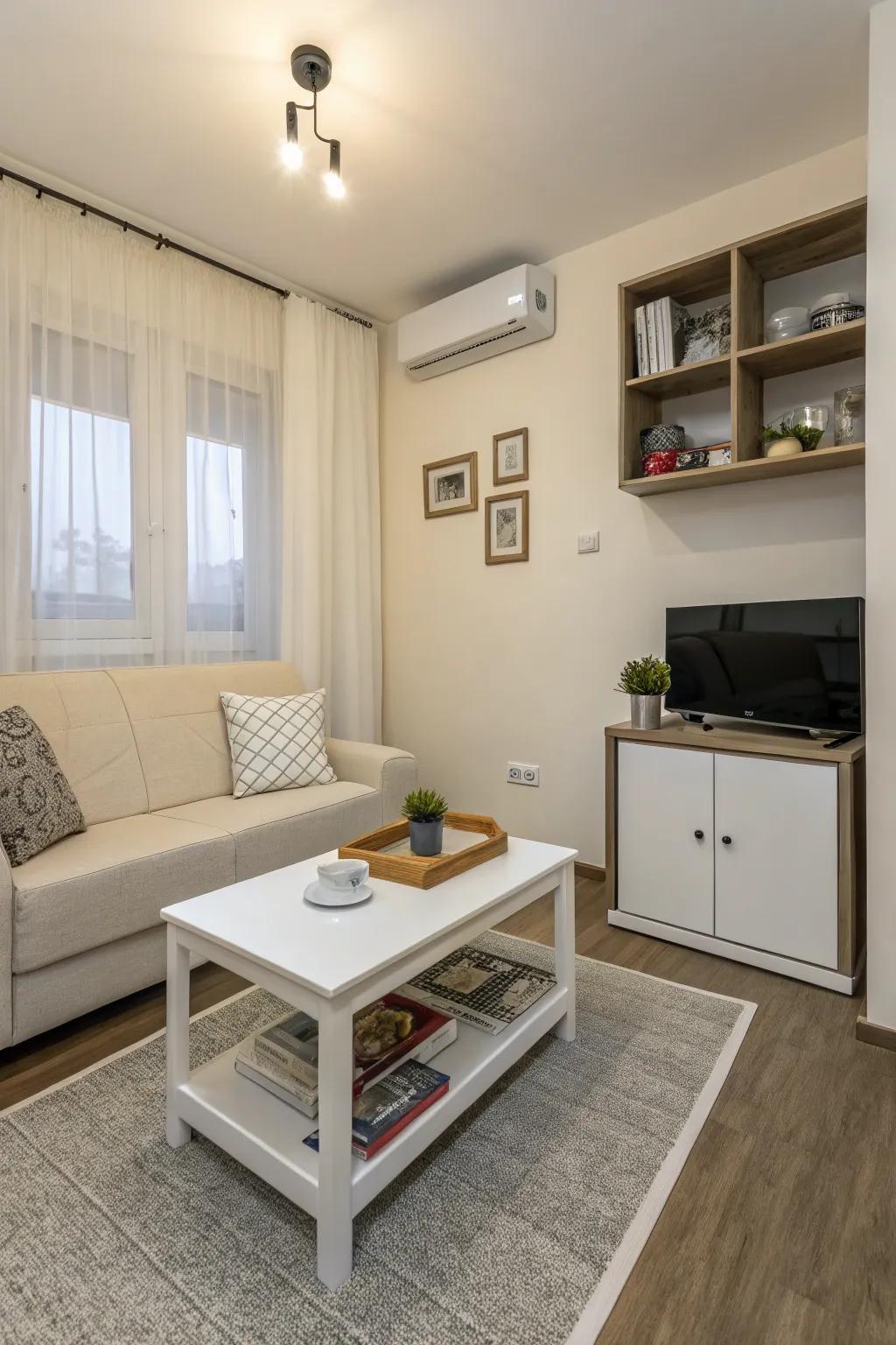 Minimalist furniture in a small living room maximizes space.