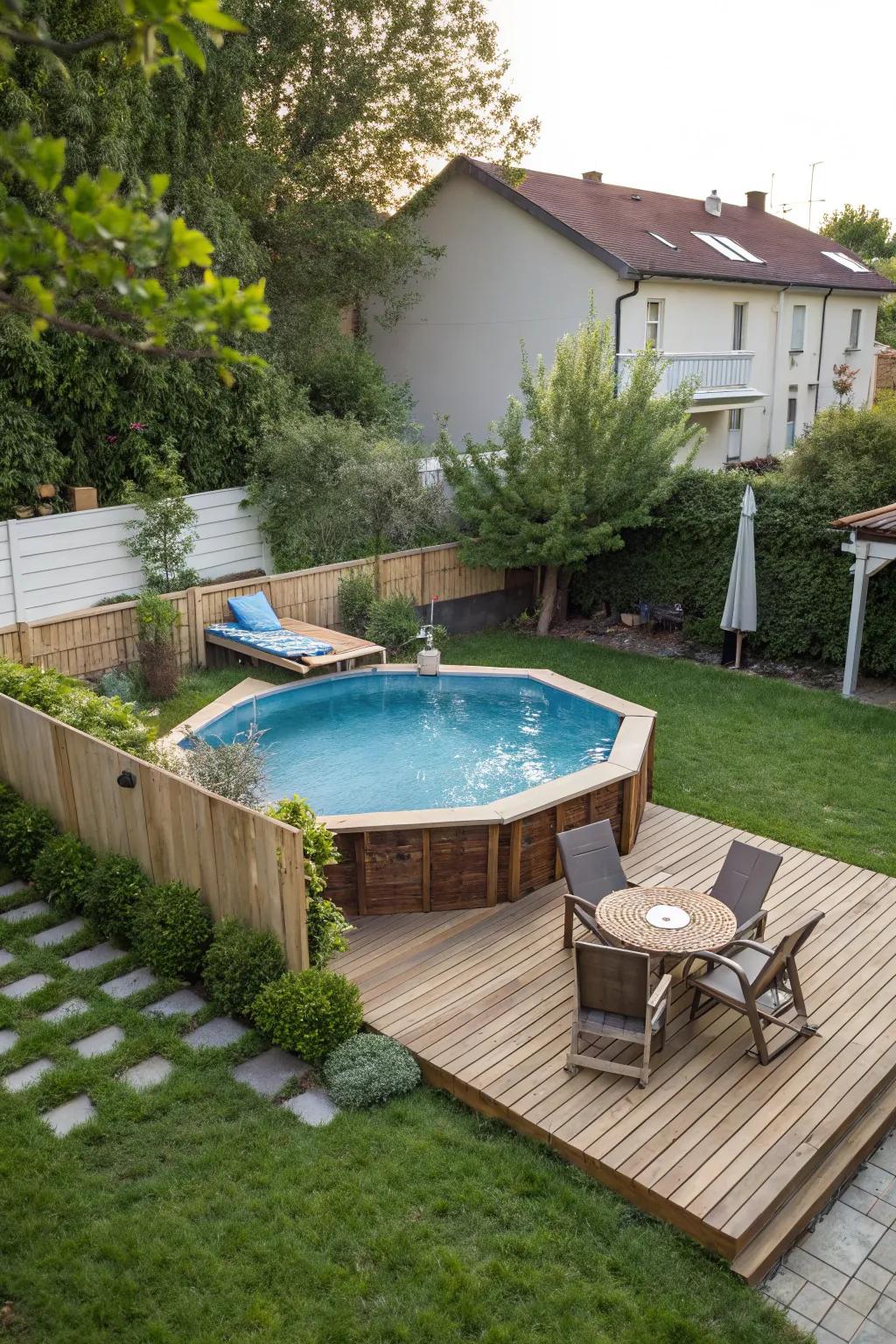 A delightful wood finish deck embracing an above-ground pool, creating a cozy and appealing setting.