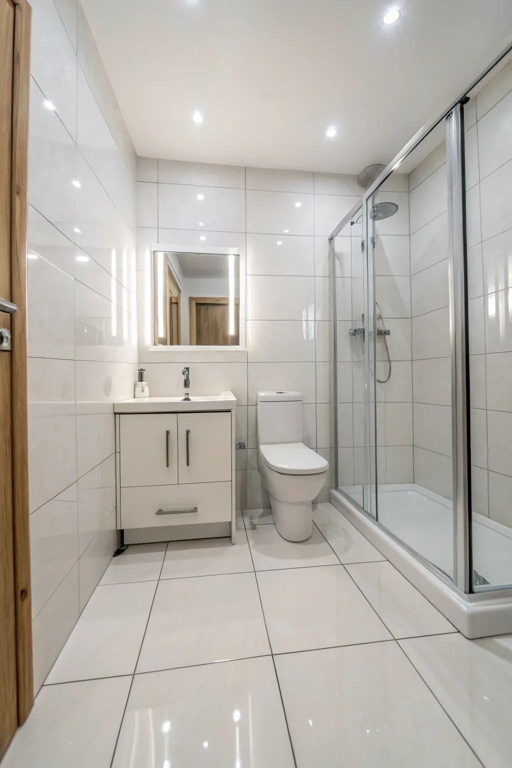 Expansive floor coverings bring a fluid and spacious feel to compact bathrooms.