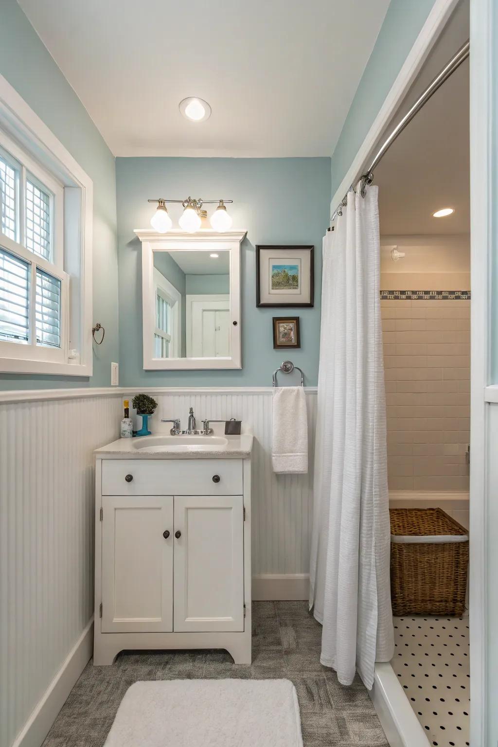 Mellow blues harmonized with white evoke a serene and expansive sensation.