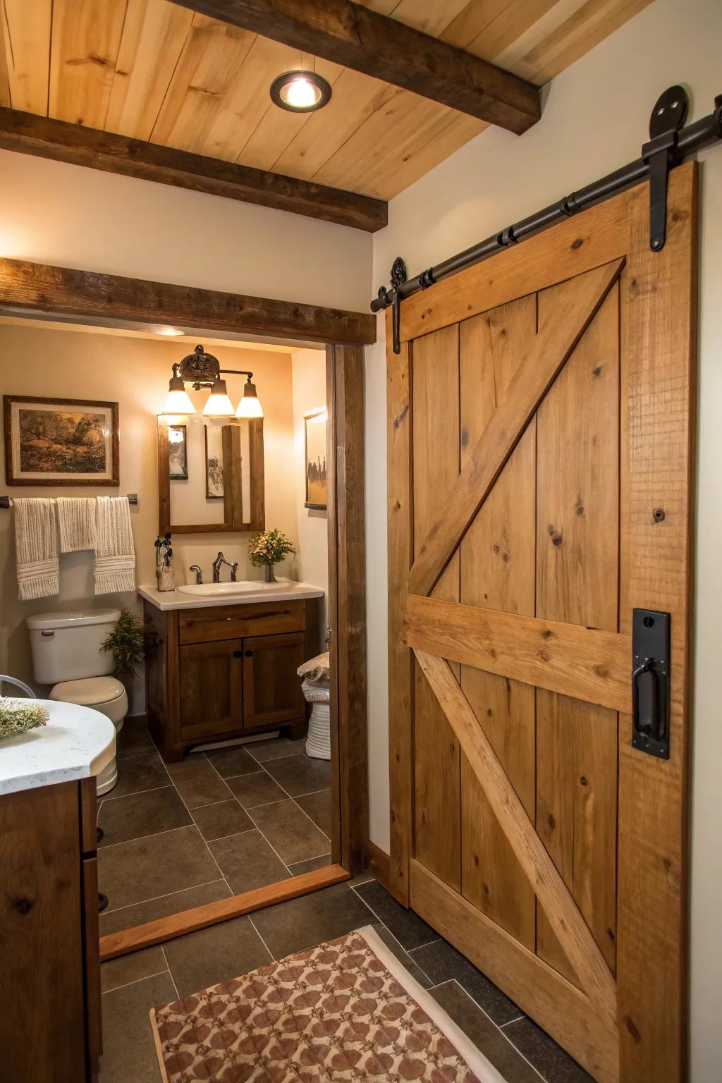 A barn-style sliding door brings rustic appeal to a compact bathroom setting.