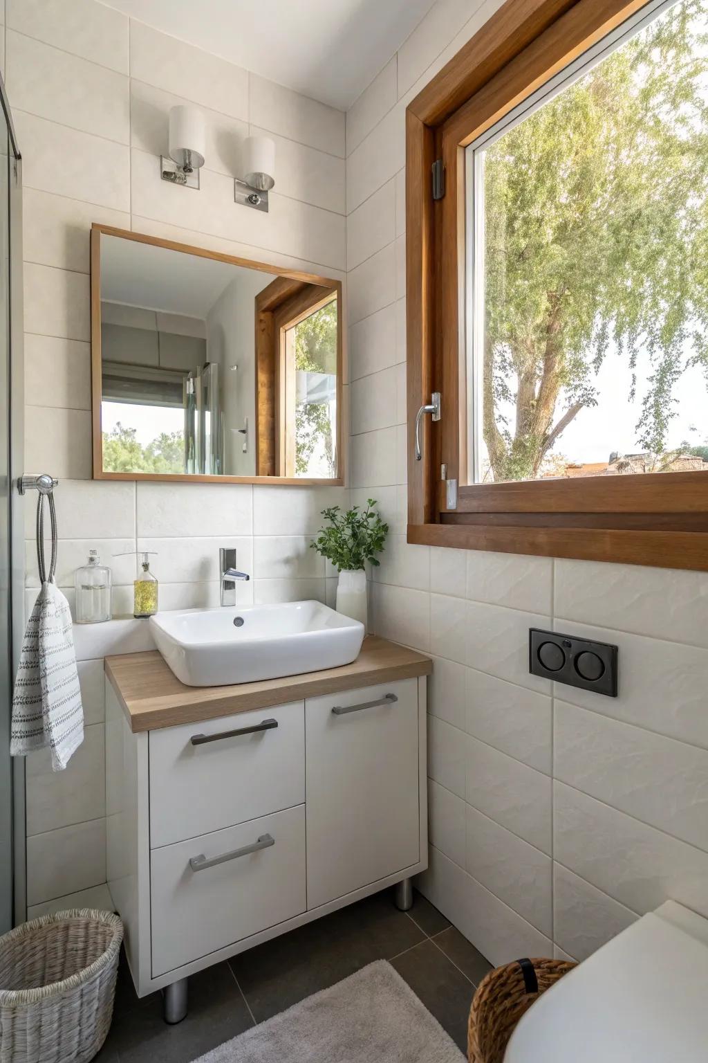 A space-maximizing corner sink adds style to a small bathroom.