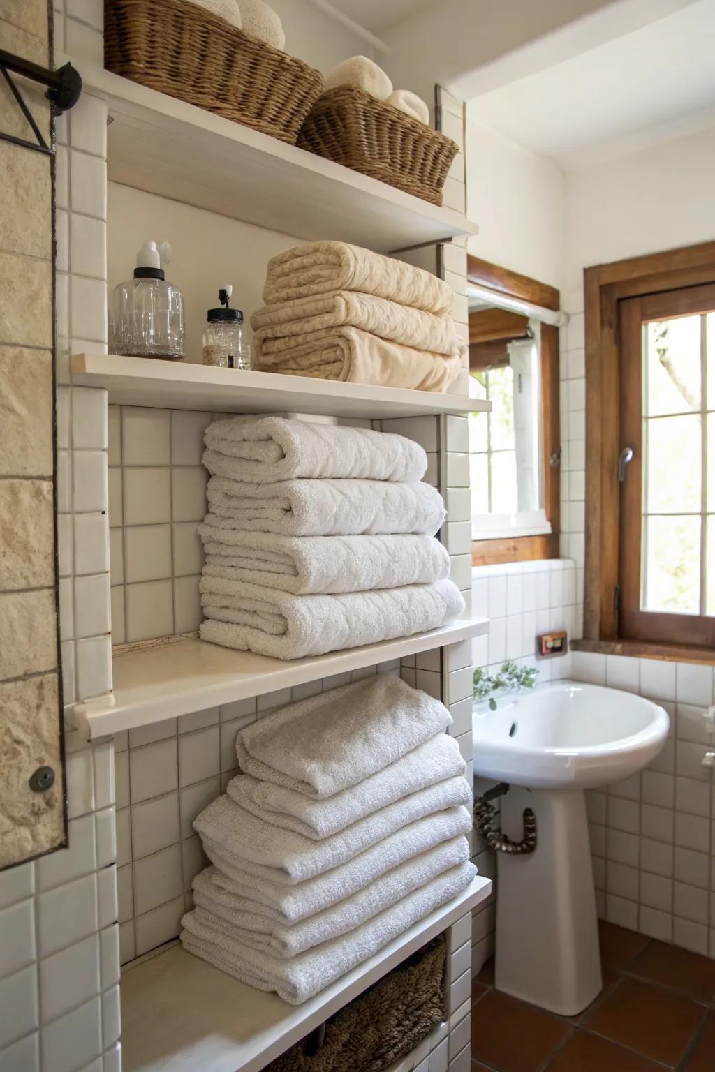 Take full advantage of vertical space by adding elegant wall-mounted shelves.