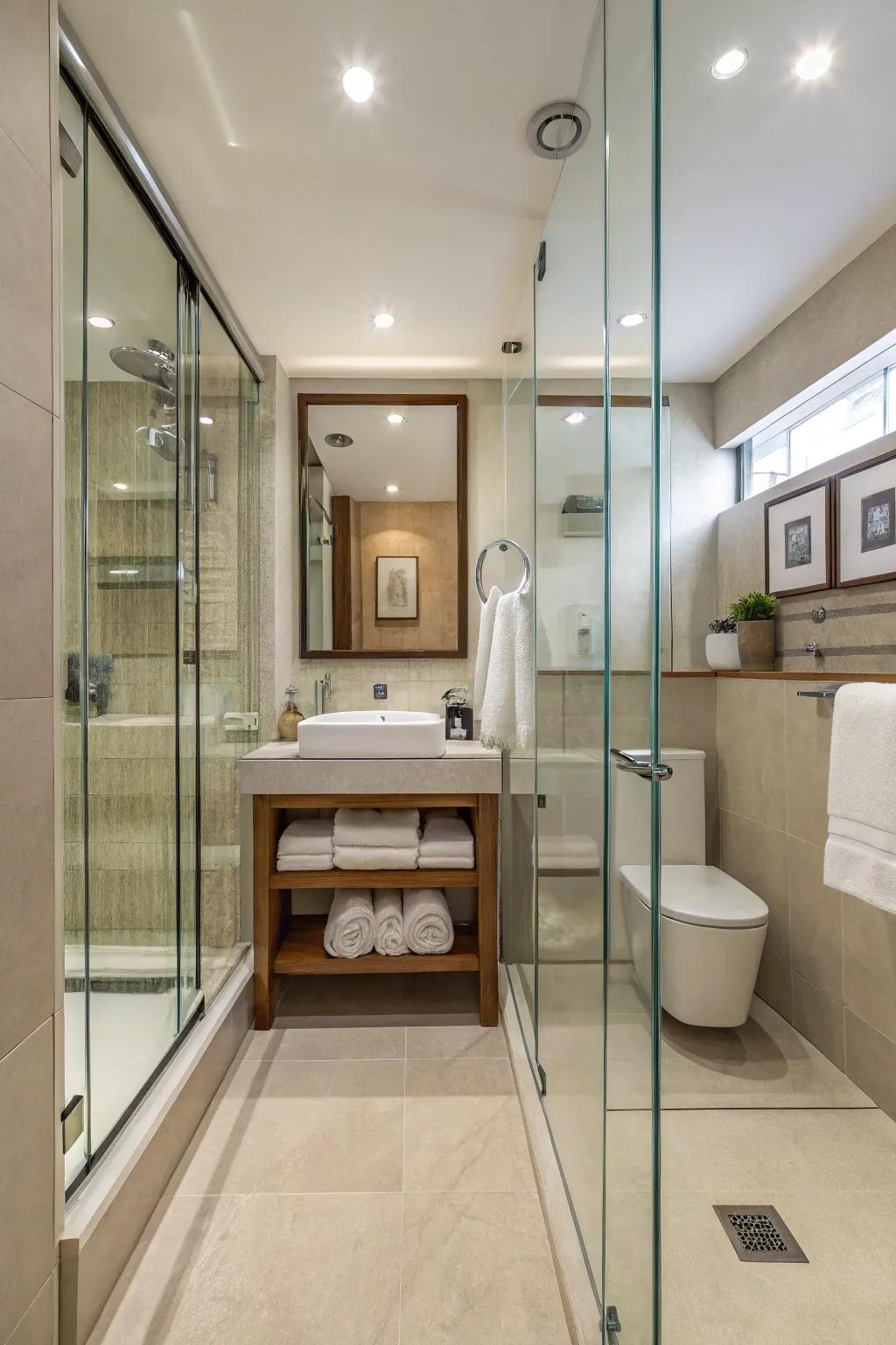 Transparent glass panels produce a spacious sensation in a small washroom.