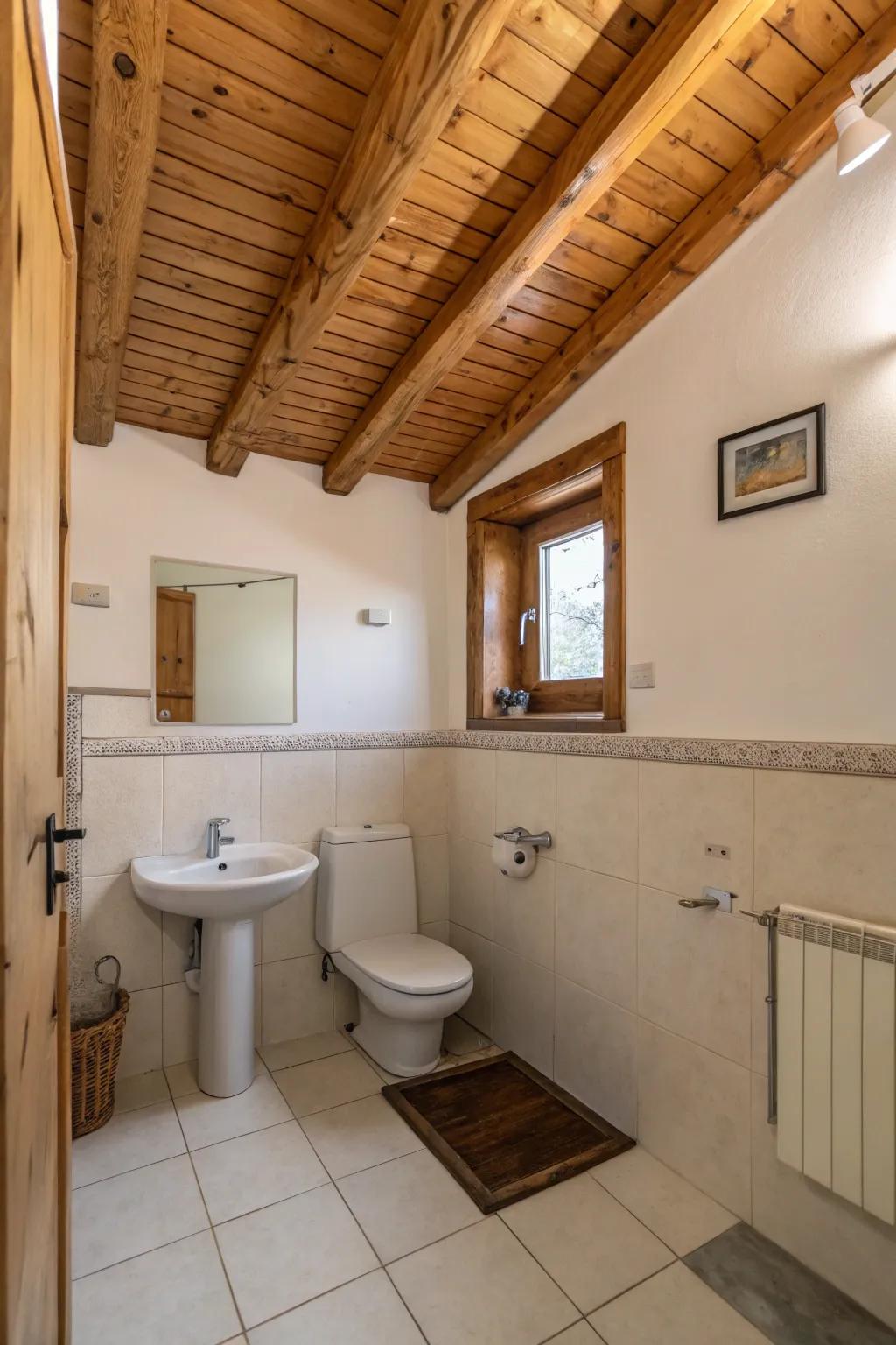 A bathroom showcasing a natural wood ceiling radiating warmth.