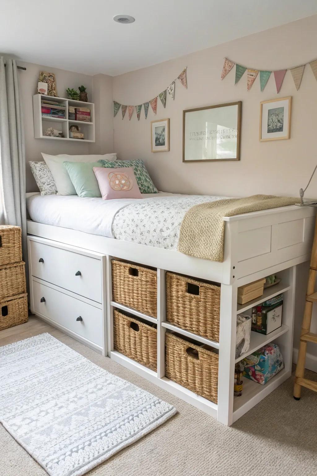 A compact bedroom showcasing a bed equipped with built-in storage to maximize space efficiency.