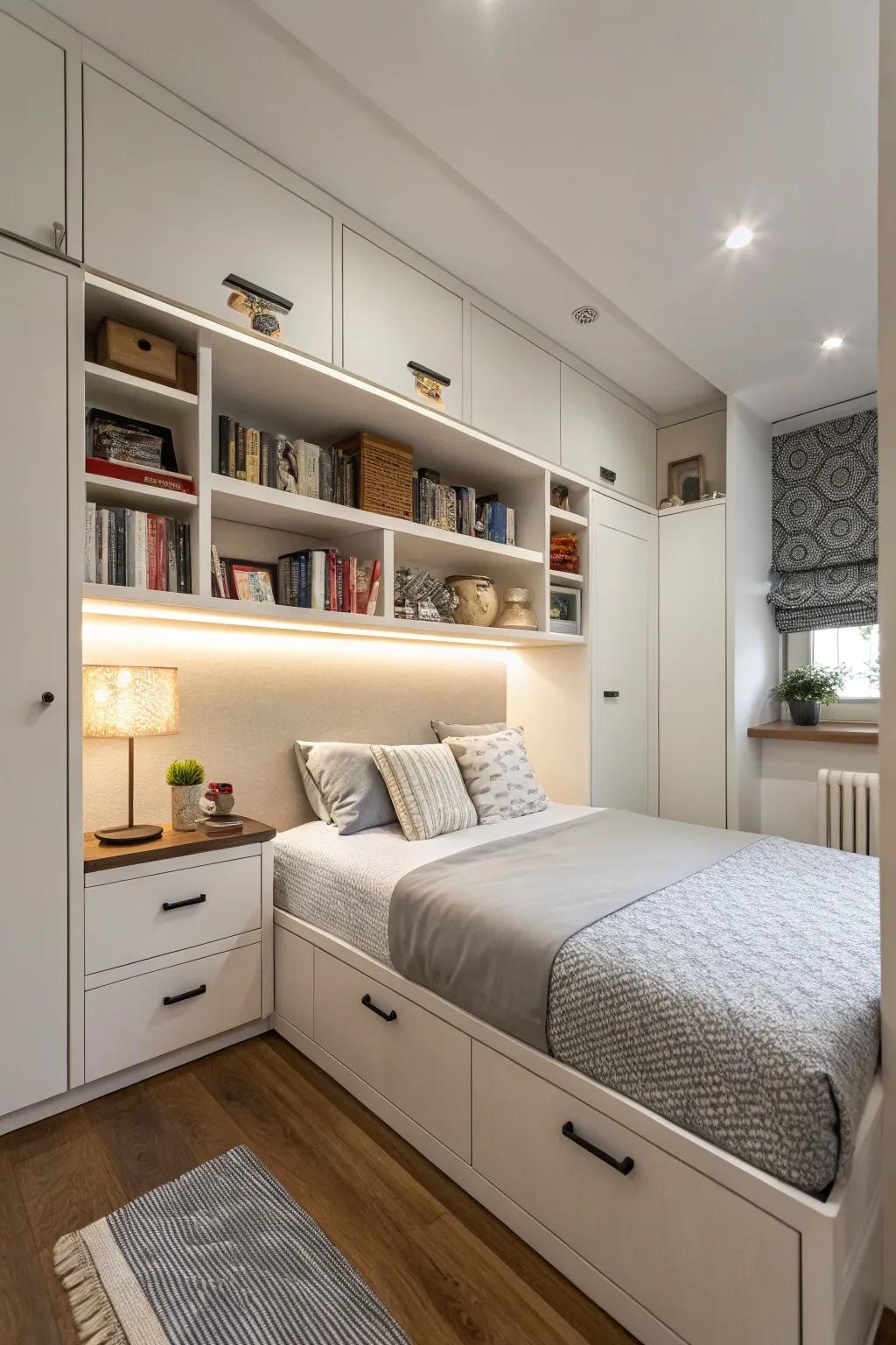 Employ beds equipped with integrated storage to optimize space.