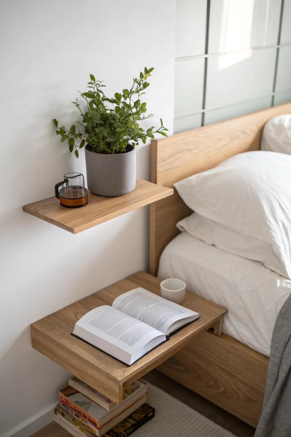 A floating shelf serves as a sleek and space-saving bedside table.