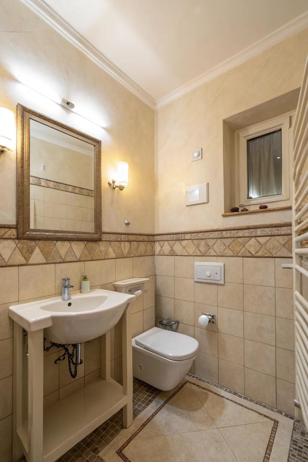 A tranquil, small bathroom showcasing neutral beige hues.