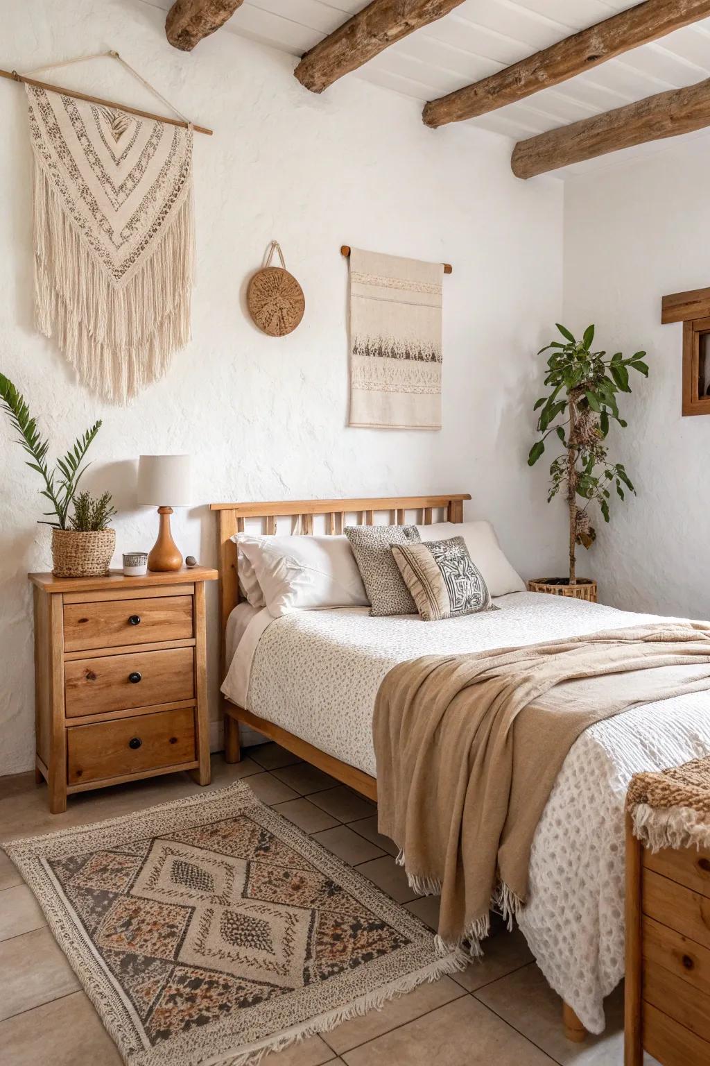 Neutral and earth-inspired hues craft a soothing backdrop within this petite boho bedroom