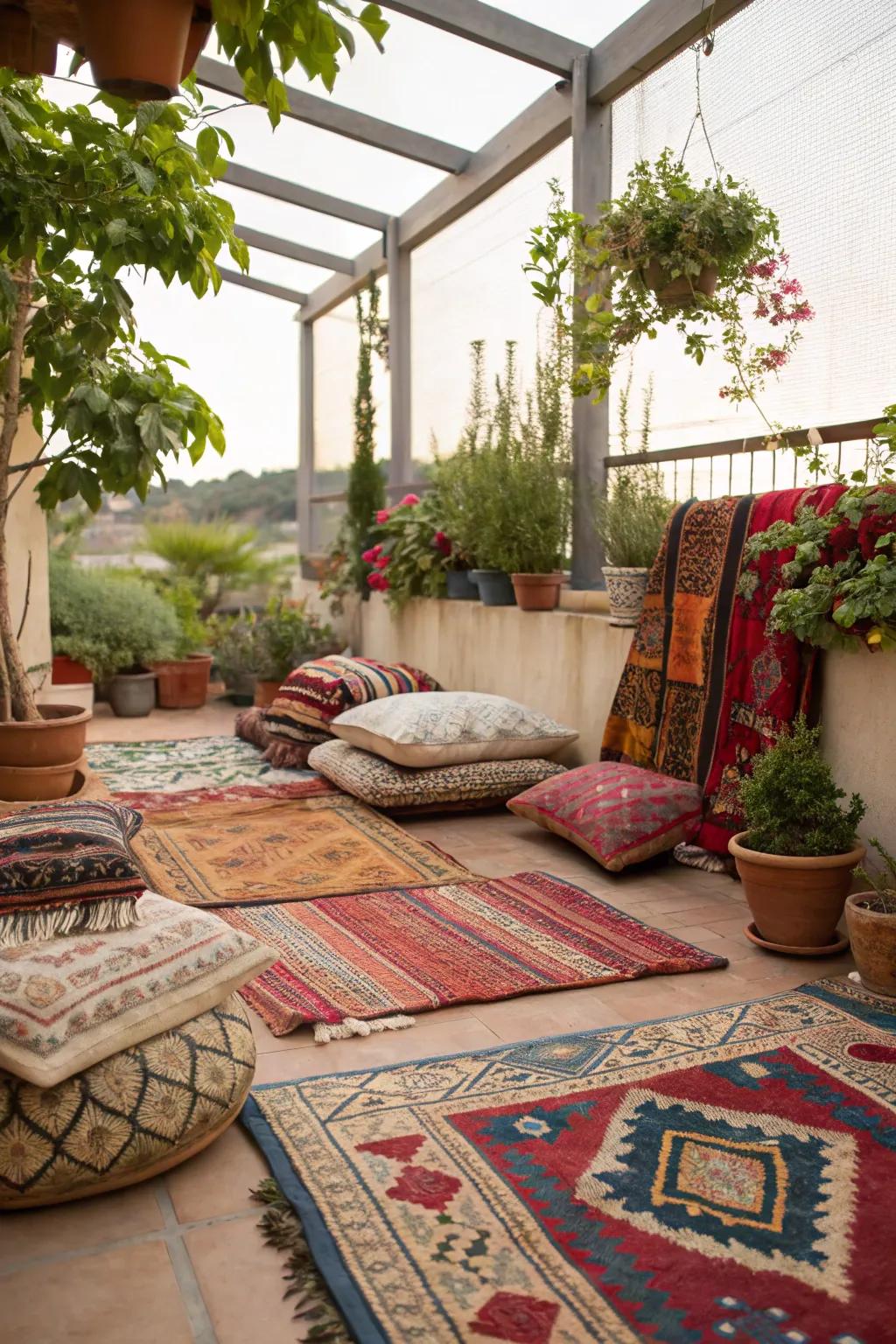 Layering textiles brings warmth and depth to a small boho patio.