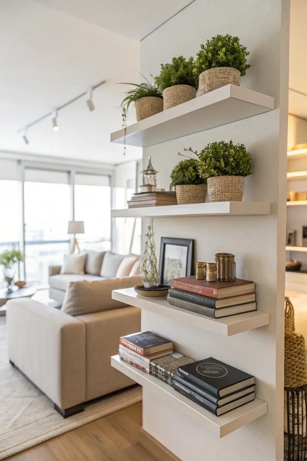 Elevated displays afford storage devoid of occupying ground space.