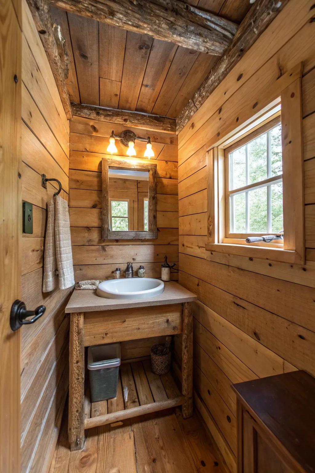 Reclaimed wood walls infuse warmth and character into the bathroom.