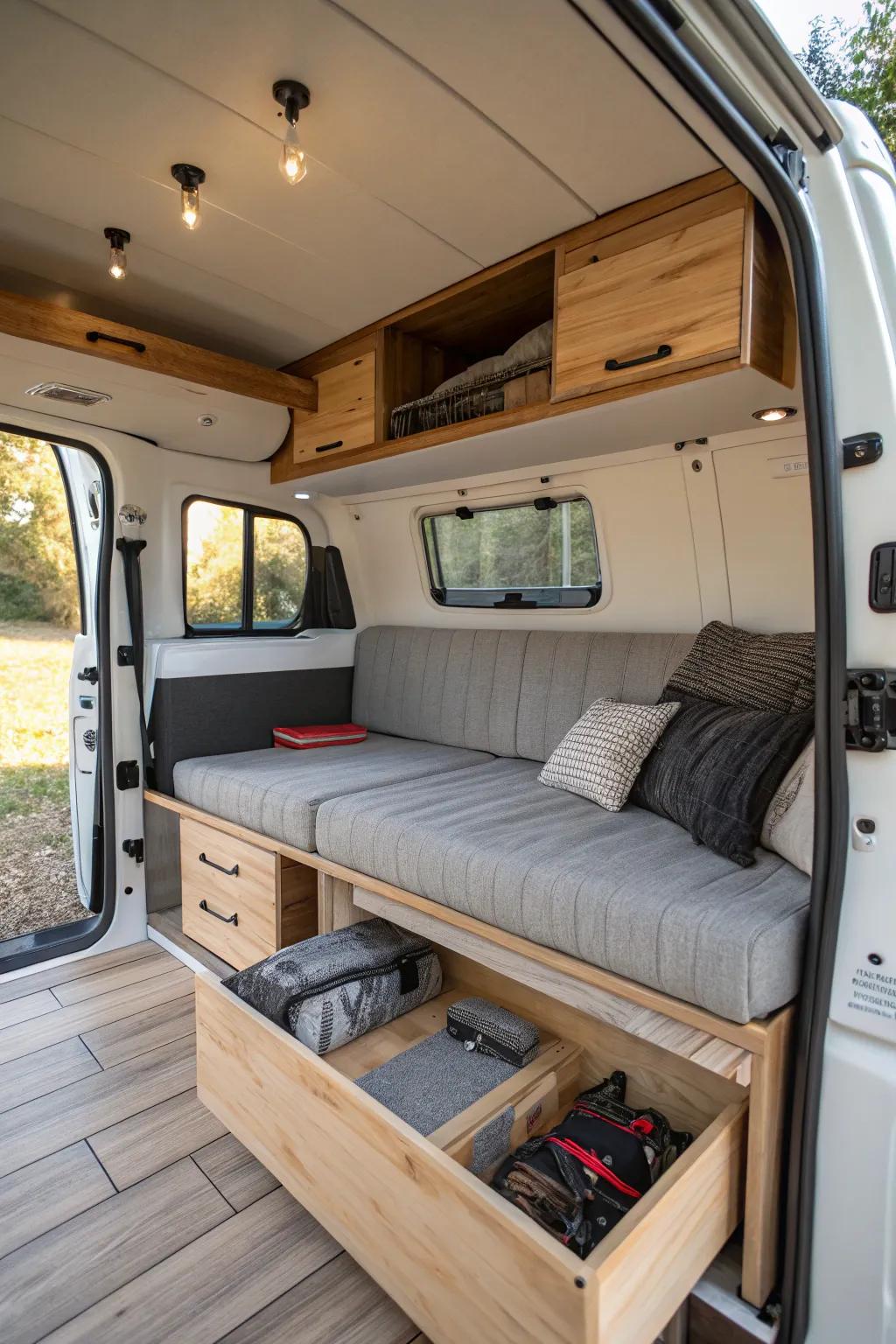 A convertible sofa in a small camper that provides both seating and hidden storage.