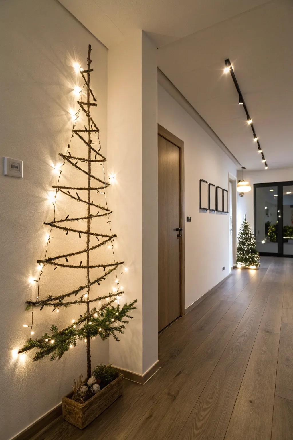 A space-conscious wall-affixed evergreen crafted from sprigs and lights.