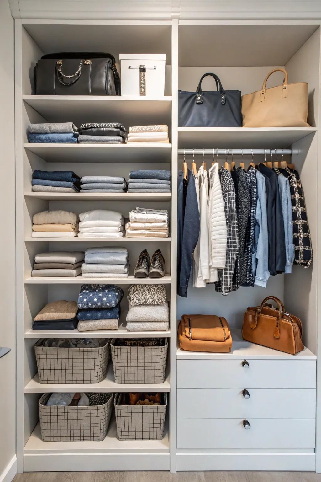 Capitalize on your closet's height with vertical shelving setups.