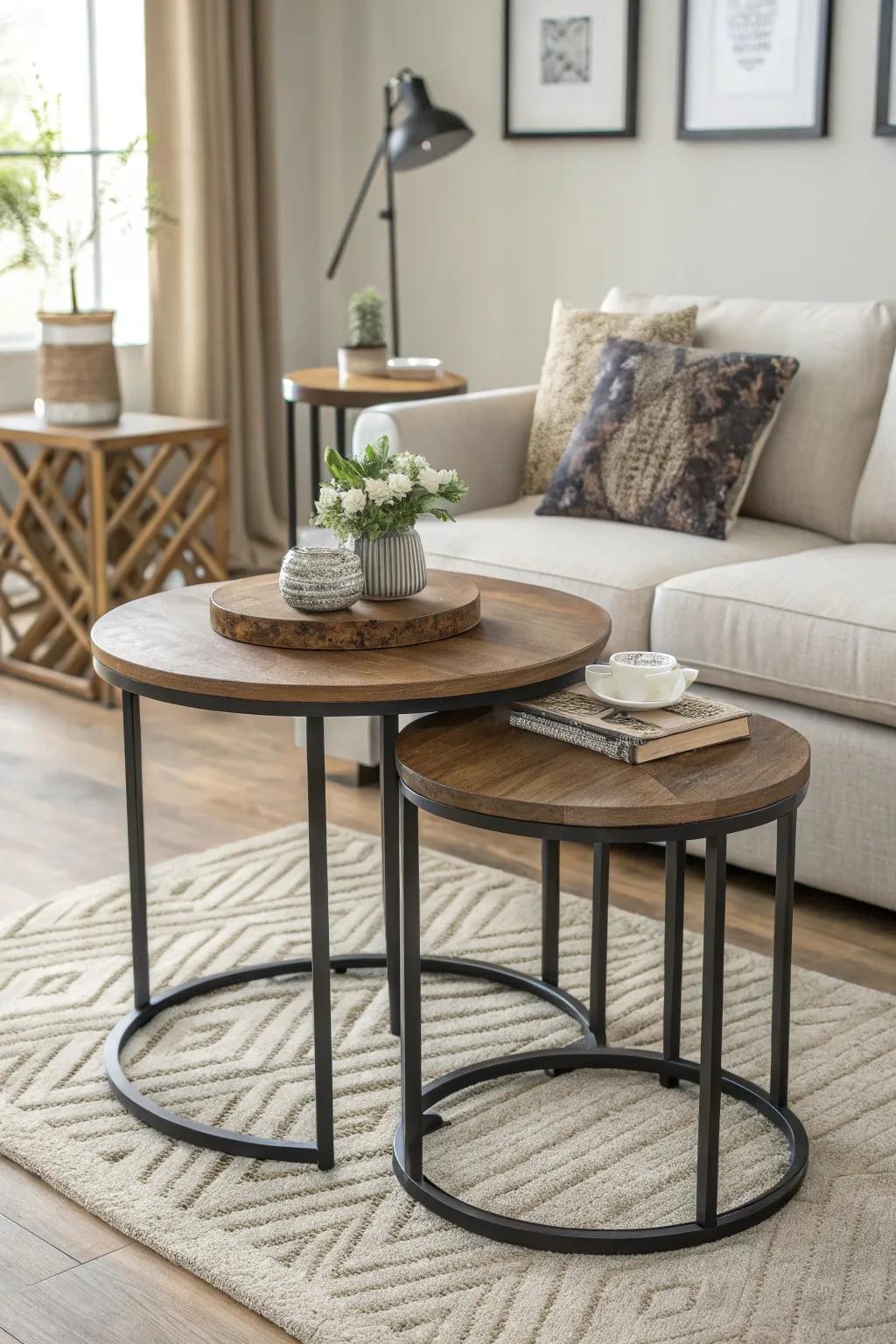 Nesting tables provide flexible and stylish options for limited living spaces.