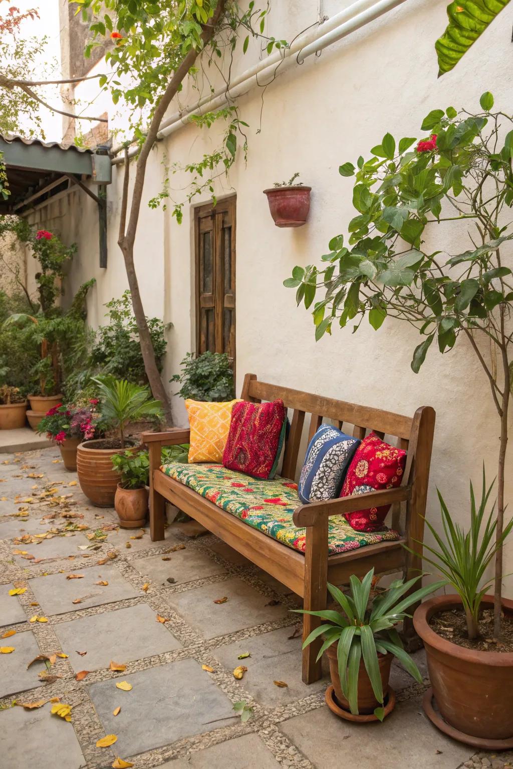 A refreshed bench featuring vivid cushions crafts a welcoming seating nook.