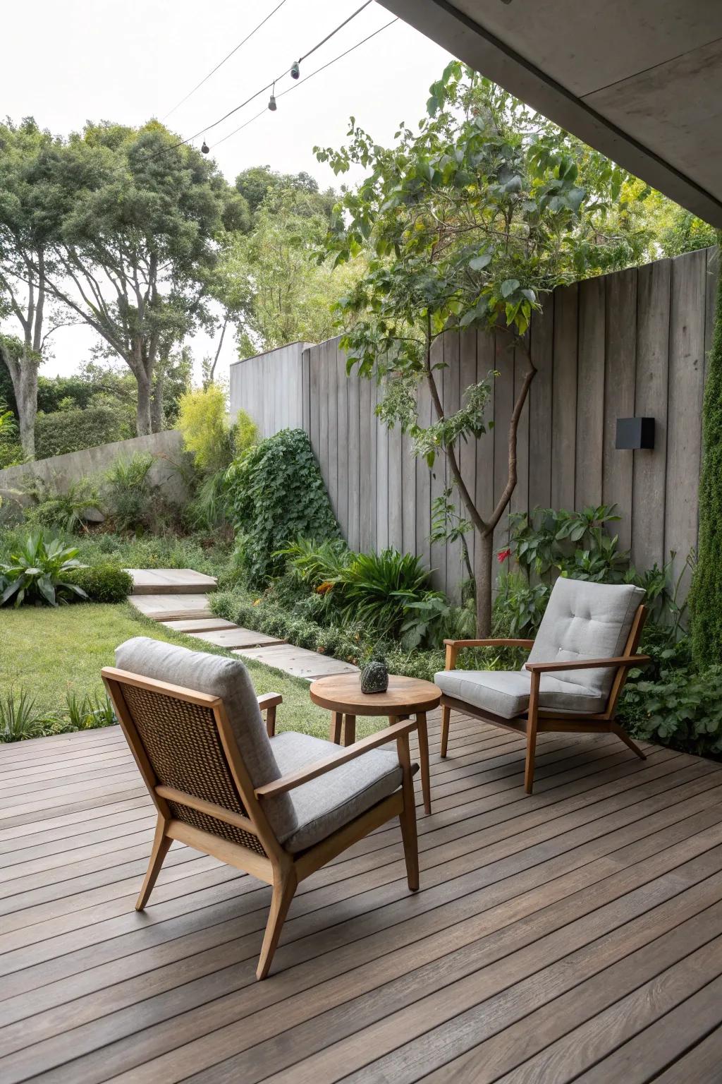 A minimalist platform deck featuring uncluttered seating.