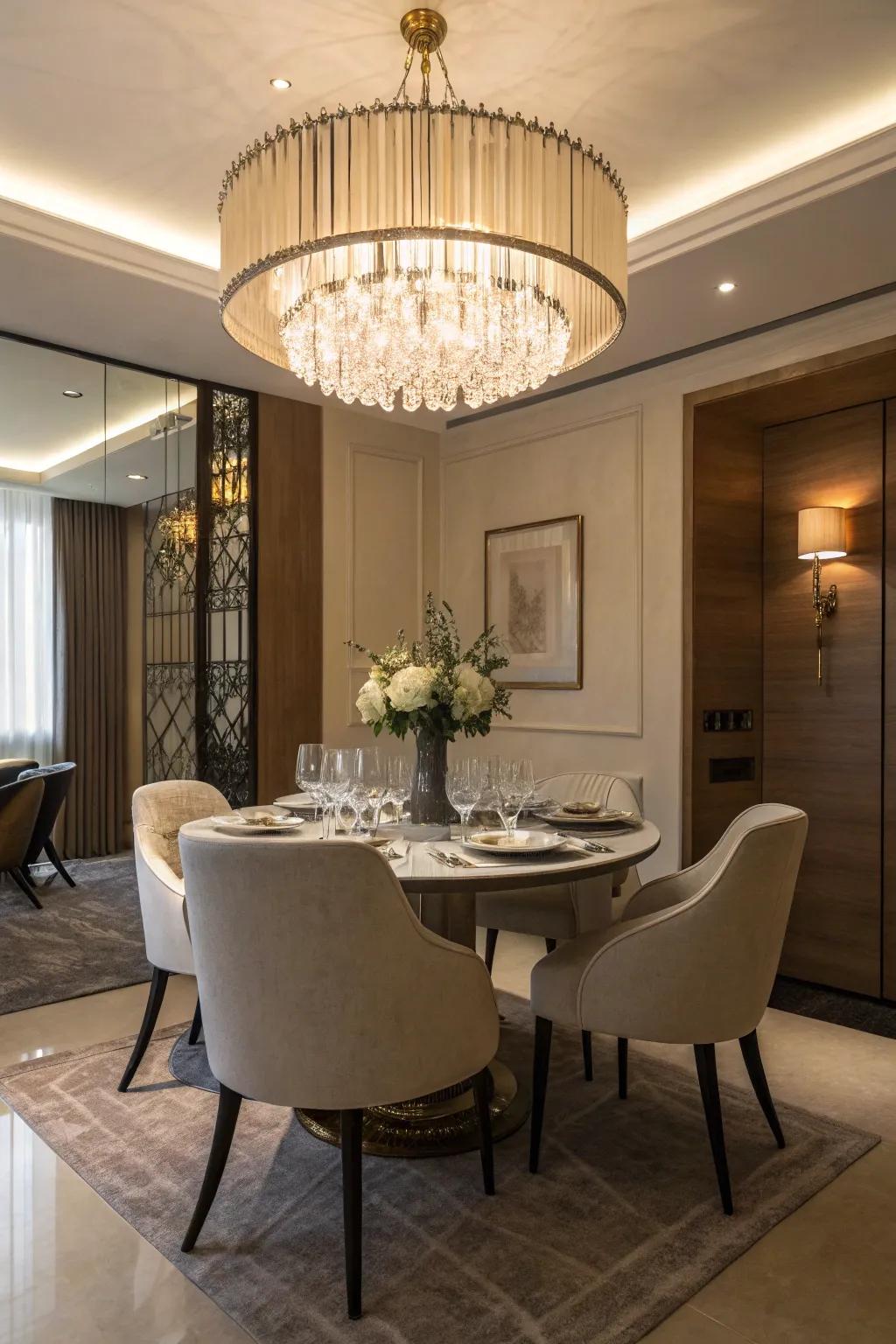 An elegant luminaire introduces charm and elegance to a snug dining zone.