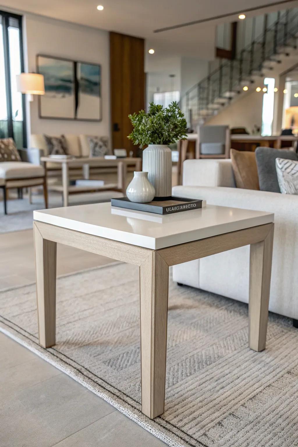 A minimalist end table infuses sophistication into a contemporary living space.