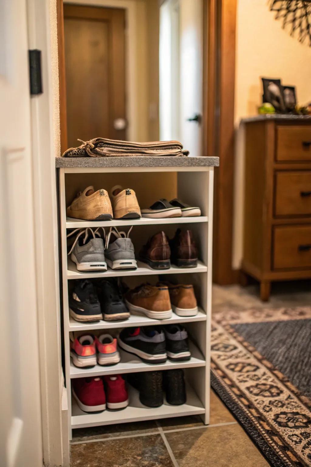 Layered shelves provide efficient organization in limited spaces.