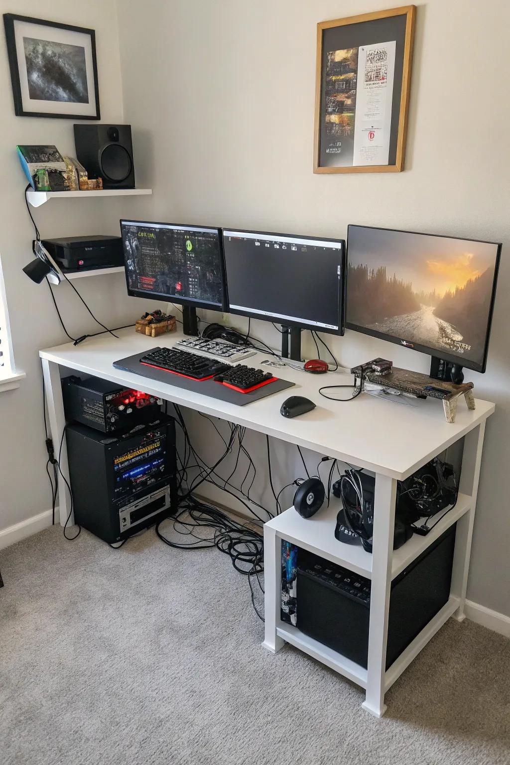 A streamlined desk arrangement showcasing numerous monitors, ideal for compact areas.