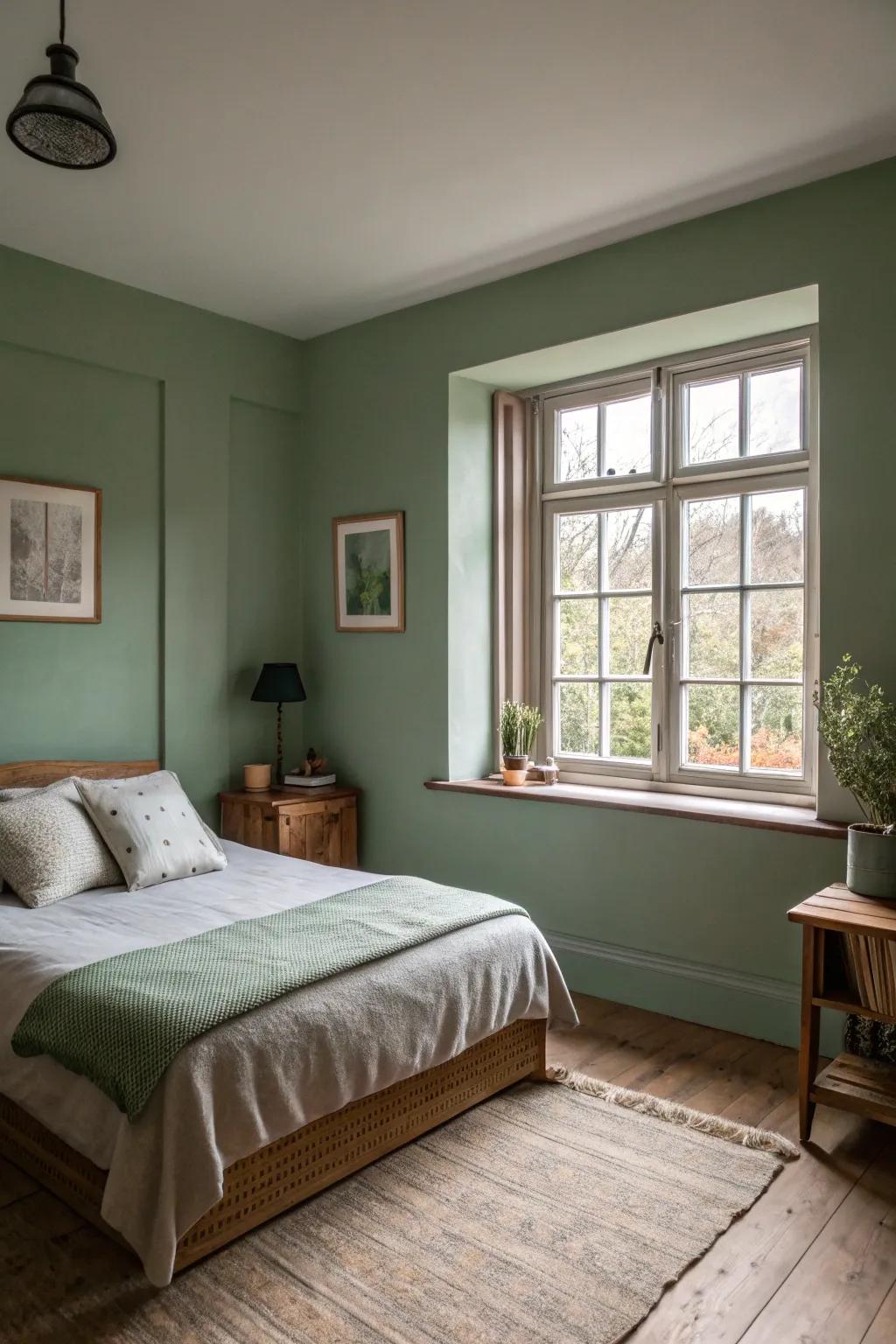 Olive-painted walls provide a peaceful setting in a small bedroom.