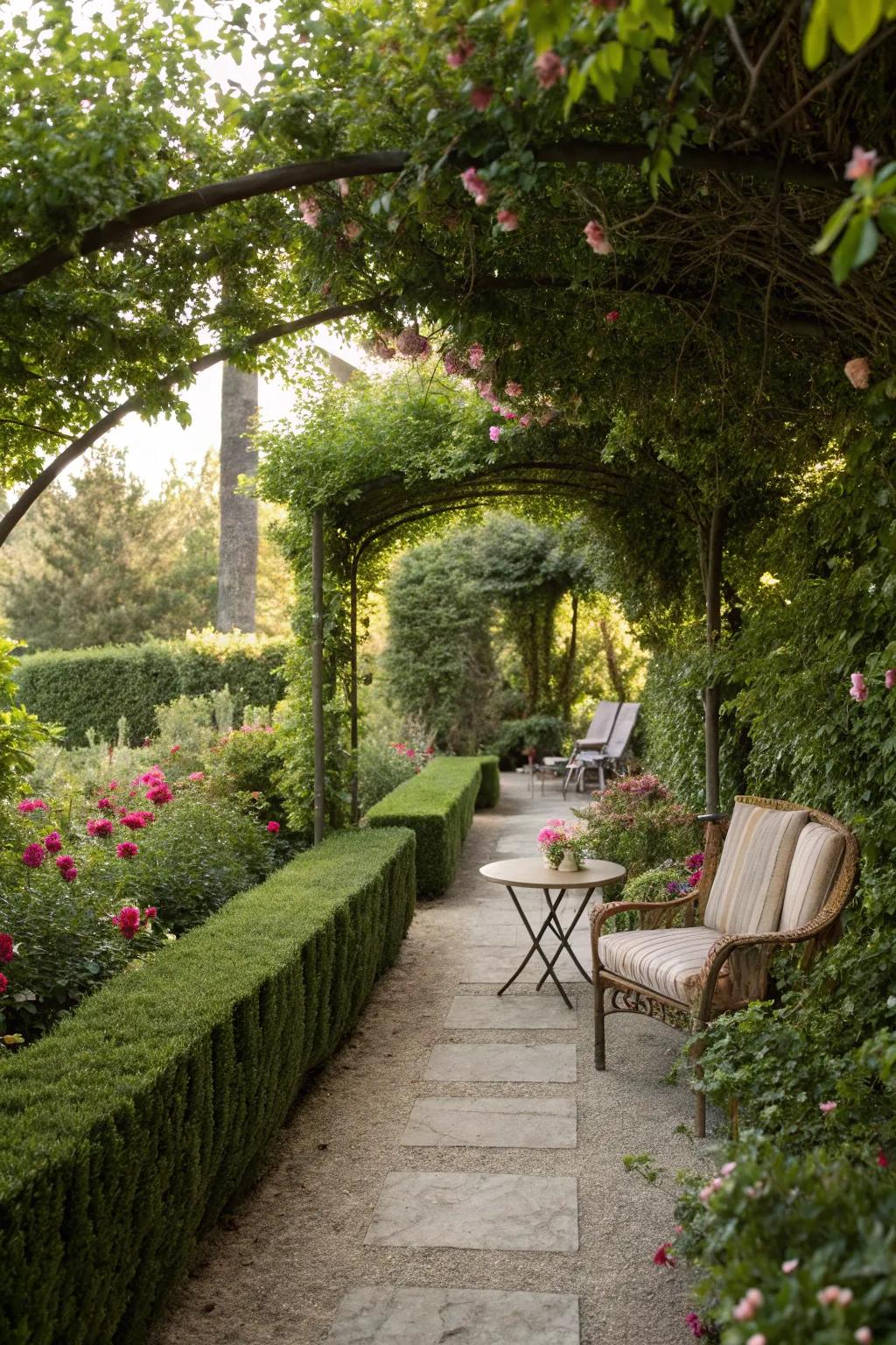 Compact green fences elegantly outlining a garden walkway.