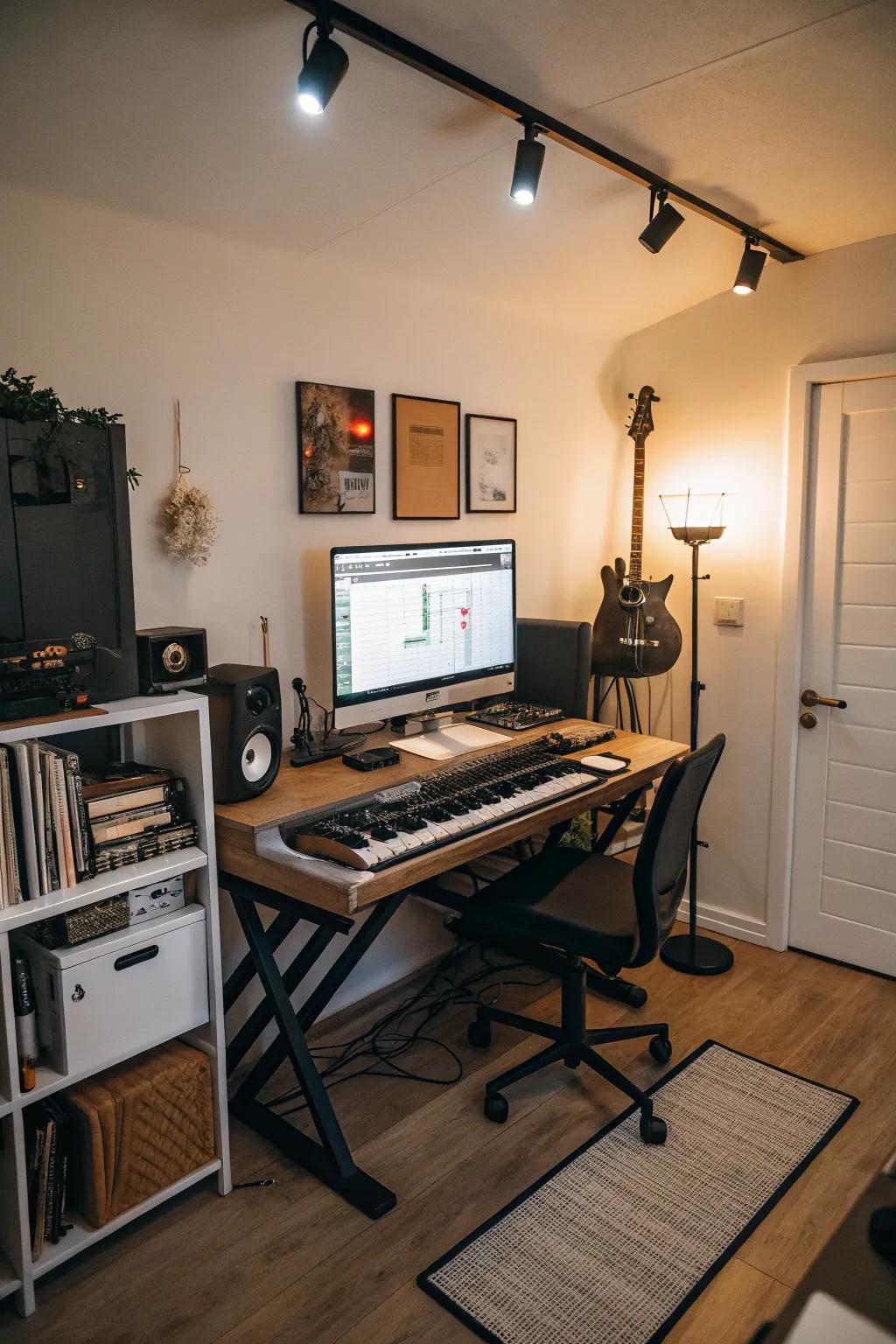 A streamlined desk configuration ensures a tidy and efficient studio.